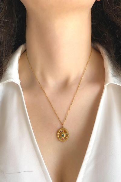 DEMOKAN Women's Steel Necklace Round Plate Colorful Zircon Stone Sun Necklace