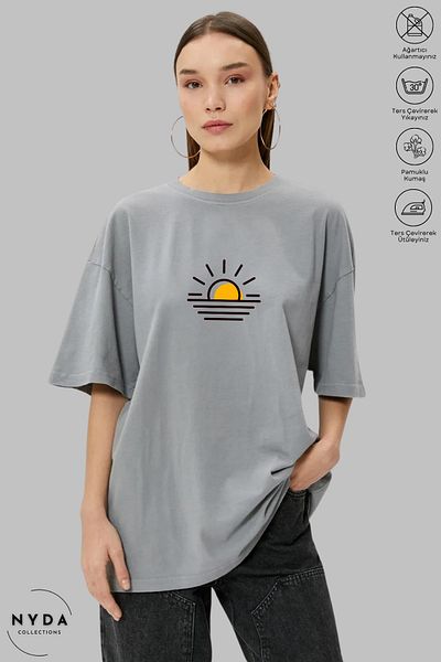 Nyda Collections Unisex Crew Neck Sunset Printed Cotton Oversize Short Sleeve T-Shirt