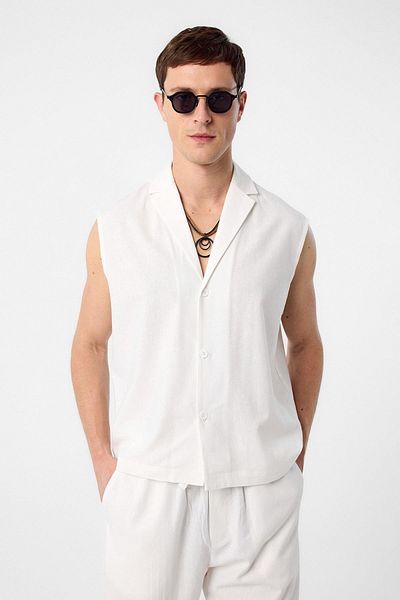 Antioch Ecru Linen Blended Sleeveless Men's Shirt