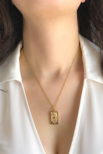 DEMOKAN Women's Steel Necklace Tarot Series Flat Chain the Whell Necklace