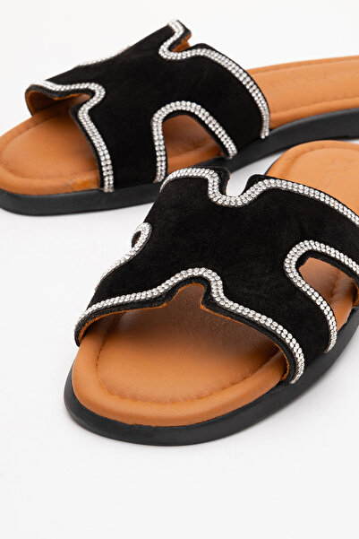 Dericlub Γυναικείες παντόφλες με πέτρινο λουράκι DERİCLUB Real Suede Leather ZY 8126 ΜΑΥΡΟ