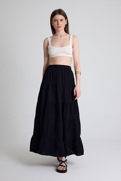 Rays Black Linen Look 100% Cotton Layered Long Skirt 4801A
