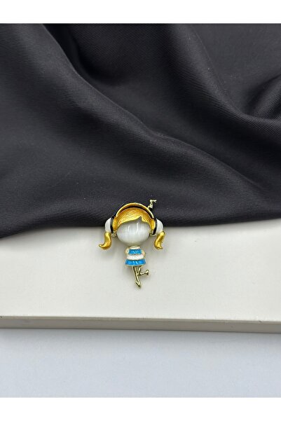 Genel Markalar Sarı Saçlı Mavi Mineli Müzik Dinleyen Kulaklıklı Kadın Müzisyen Meslek Broşu Yaka İğnesi