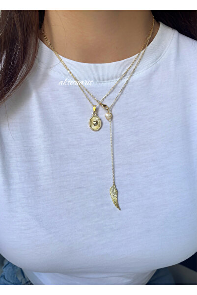 aksesuaris 2'li Dekolte Kalp Detay Melek Y Gold Kolye Set Kombin