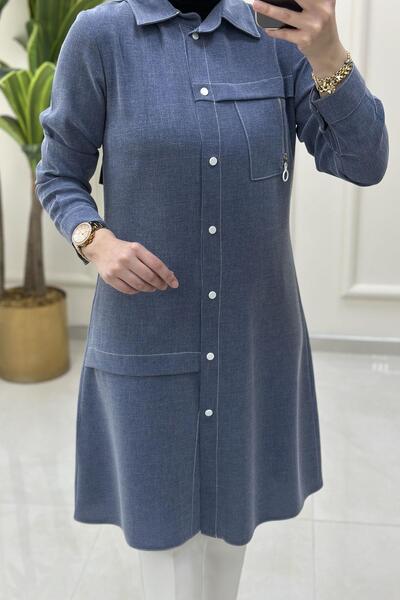 sff Önü Çıtçıtlı Fermuar Aksesuarlı Kadın Tunik Mavi SFF 1405