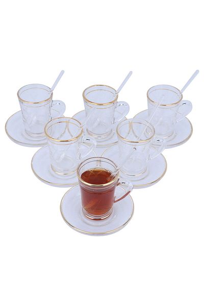 Alsaif Gallery Tea and Coffee Serving Set, Golden Lines, 26 Pieces - Transparent