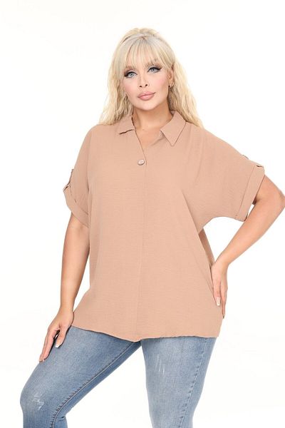 tarzımsüper Women's Plus Size Polo Neck Sleeve Part Buttoned Shirt Blouse