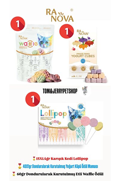 RANOVA Kediler Için Dondurularak Kurutulmuş Etli Waffle/Malt Destekli Kedi Lolipop/ Kurutulmuş Yoğurt Küpü