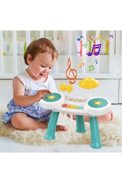 Smart Vibe Masuta Muzicala Multifunctionala 2in1 SuperStar Indiggo® cu Pian si Tobe, Vibrant Blue