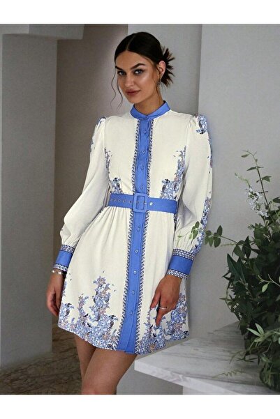 MSN Atlas Kumaş Elbise(Kemer Dahildir) -MAVİ-4219