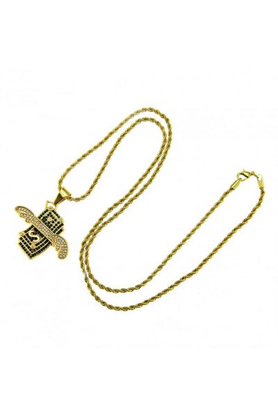 Tessero Hip Hop Rope Necklace with Dollar Wings Pendant, Green Zircon, 18K Gold Plated, Tessero, Gold
