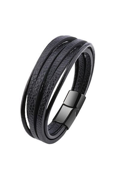 Tessero Brățară bărbătească din piele cu șiraguri multiple, model clasic, închidere magnetică, Tessero, neagră