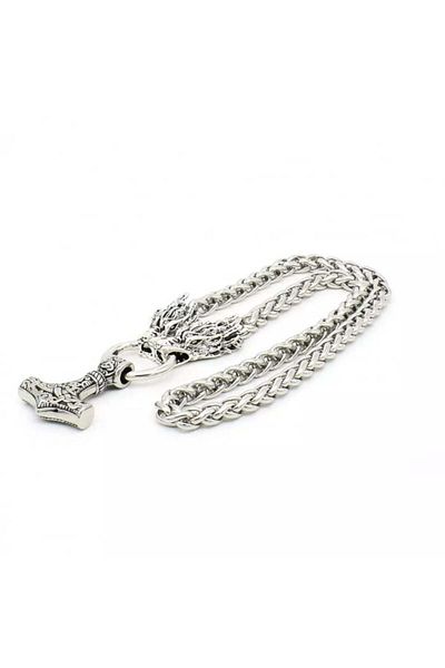 Tessero Colier viking cu pandantiv cap de dragon, formă de ciocan al lui Thor, oțel inoxidabil, placat cu argint, 50 cm