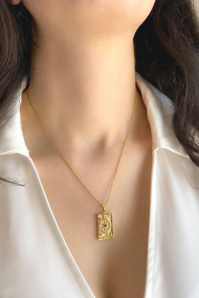 DEMOKAN Women's Steel Necklace Tarot Series Flat Chain the Whell Necklace