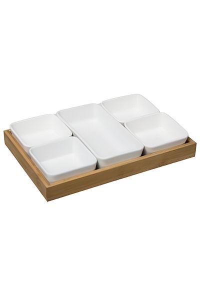 Secret de Gourmet 6-Piece Serving Appetizer Set with Bamboo Tray White and Brown
