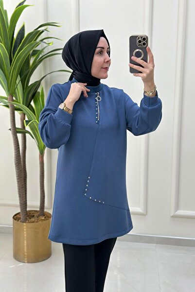 Alesya Düşük Omuz Önü Fermuar ve Zımba Detaylı Kadın Tunik Mavi ALS 5024