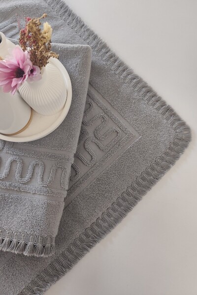 Sevim Σετ 2 πετσετών με φούντες-50 x 70 cm-100% βαμβακερό πατάκι-Γκρι