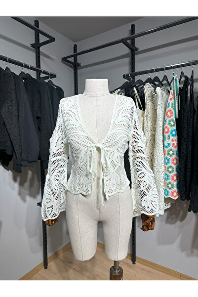 MT CLUB Kadın Uzun Kollu Tığ İşi Bağlamalı Yazlık File Bluz – Siyah, Ekru, Beyaz