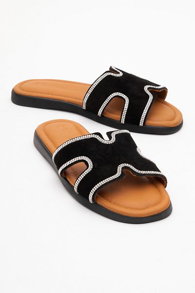 Dericlub Dericlub Women's Stone Banded Slippers Real Suede Leather Zy 8126 Black
