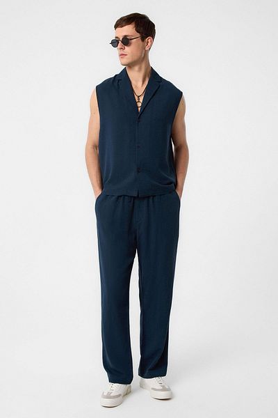Antioch Navy Blue Linen Blend Sleeveless Men's Shirt