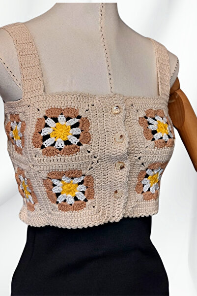 Uretti - Star 7202 9514 Hand Knitted Summer White Women's Bustier / Crop Blouse - 36/38/40 - Beige