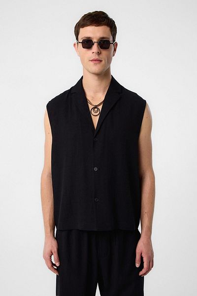 Antioch Black Linen Blend Sleeveless Men's Shirt