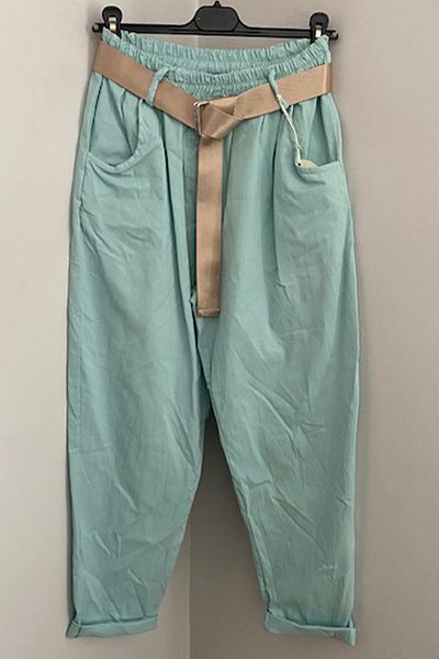 AYASOFYA OTANTIK Women's Italian Aqua Green Elastic Waist Shiny Buckle Belted Plain Patterned Lycra Casual Carrot Leg Trousers