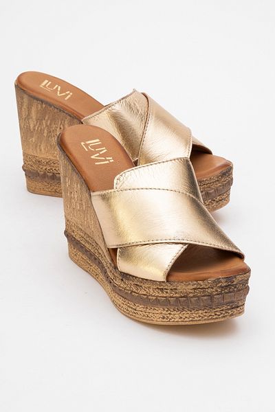 LuviShoes Lois Gold Skin Genuine Leather Women's Wedge Heeled Slippers