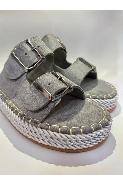 krm dünya ürünleri Women's Straw Stitching Detailed Buckle Slippers - Gray
