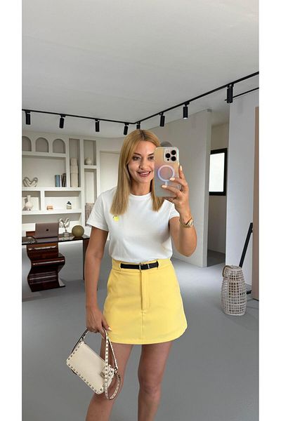 Sezgi Tekin Belted Pocket Detail Yellow Shorts Skirt