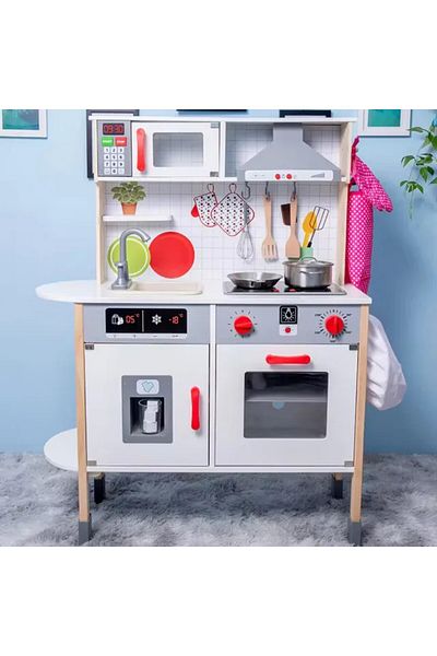 LITTLE ANGEL Kids Wooden Kitchen Set – Modern Grey Pretend Cooking Toy With Accessories