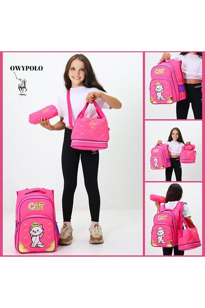 Probag Set de 3 cutii de prânz și școală cu tematică CAT pentru fete – roz și model de pisică drăguță