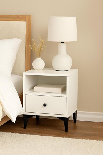 nom Retro Raflı Komodin Beyaz