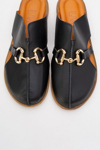 LuviShoes Favor Black Skin Genuine Leather Buckle Closed Front Women's Slippers