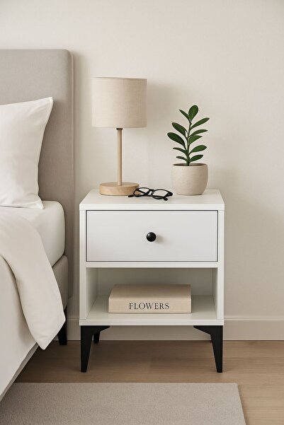 nom Retro Raflı Komodin Beyaz