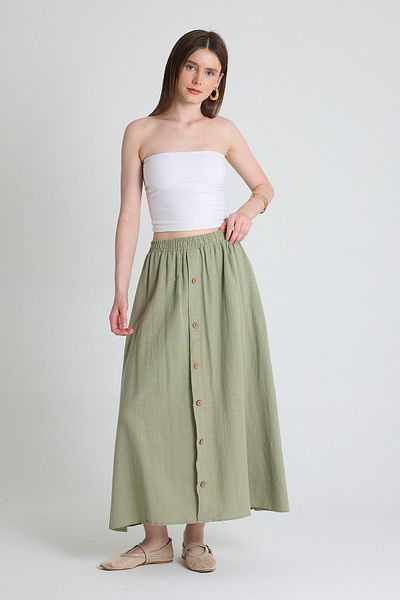 Rays Olive Green Linen Look 100% Cotton Buttoned Midi Skirt 3419