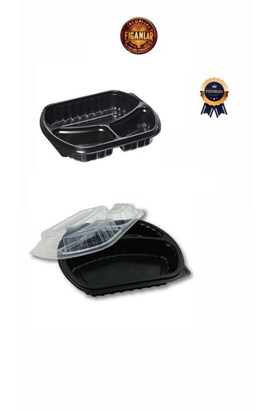 figanlar ambalaj 10Pcs 3 Compartment Black Plastic Lid Microwave Hot Food Container Hard Plastic