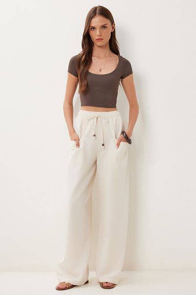Lovelyİstanbul Wide Leg Linen Trousers with Pockets Cream Lbv0062