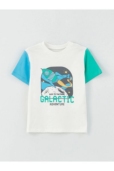 LC Waikiki Lcw Baby Ecru Crew Neck Short Sleeve Printed Baby Boy T-Shirt 2-Piece