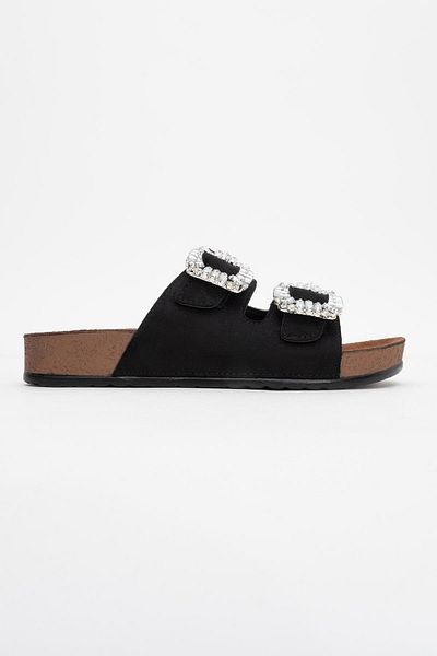 CCWAY AYAKKABI Women's Double Buckle Stone Slippers Black