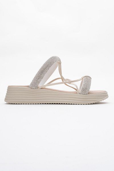 CCWAY AYAKKABI Women's Stone Flat Slippers Beige Beige