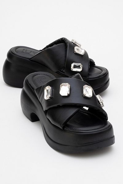 LuviShoes Giev Black Skin Stone Wedge Sole Women's Slippers