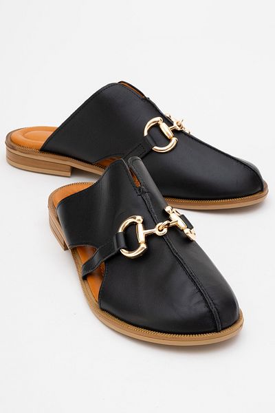 LuviShoes Favor Black Skin Genuine Leather Buckle Closed Front Women's Slippers