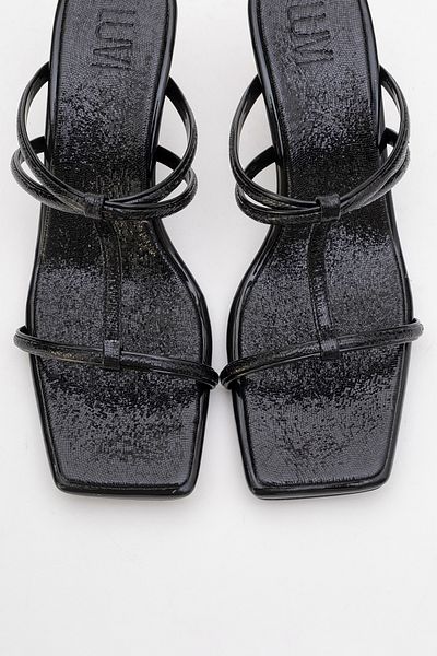 LuviShoes Mocha Black Patterned Square Toe Thin Strap Women's Heeled Slippers