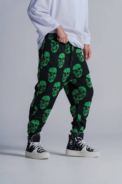 SUPERBLUE Men's Patterned Green Baggy Trousers with Elastic Waist
