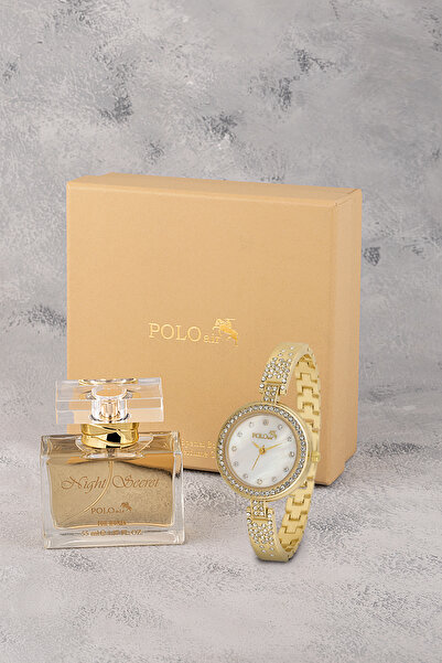 Polo Air Retro Lüx Taşlı Kadın Kol Saati Ve Parfüm Seti Hediyelik Kutsunda Kombin Gold Renk ST-2176S1