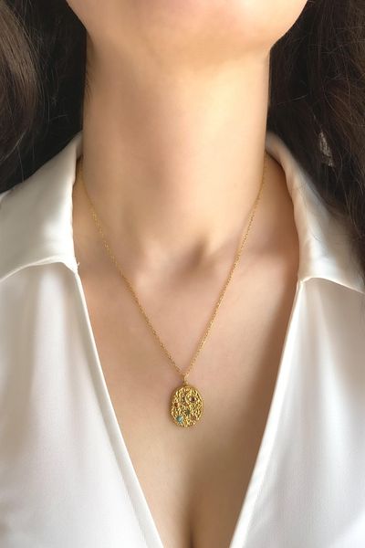 DEMOKAN Women's Steel Necklace Stoned Plate Eye Crescent Star Colorful Zircon Stone Necklace