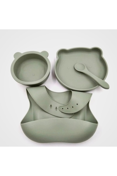 OEM Set silicon cu ventoza model ursulet: bol, farfurie, bavetica si tacam - olive