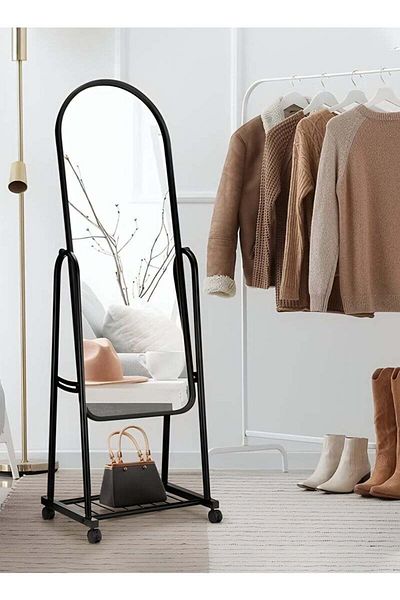 Taimi Floor Mirror with Adjustable Stand Wheels and Underneath Storage for Living Room Black 160x38cm