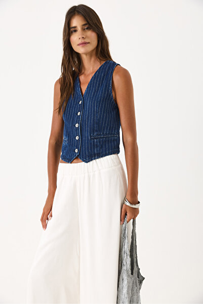 VENA Striped Dark Blue Jean Vest - Dark Blue